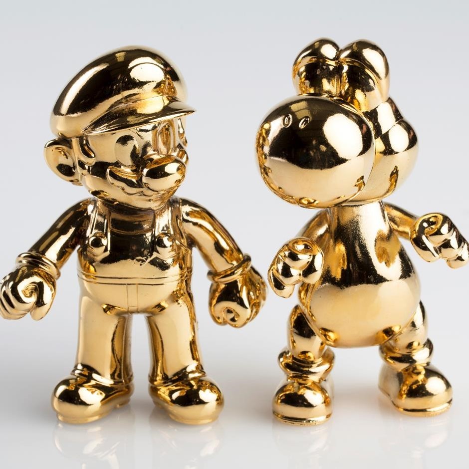 Plastic Super Mario and Yoshi figures, electroformed and gold plated 