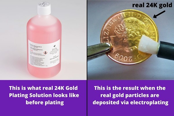 Gold plating solution in a bottle next to coin being gold plated via pen plating technique