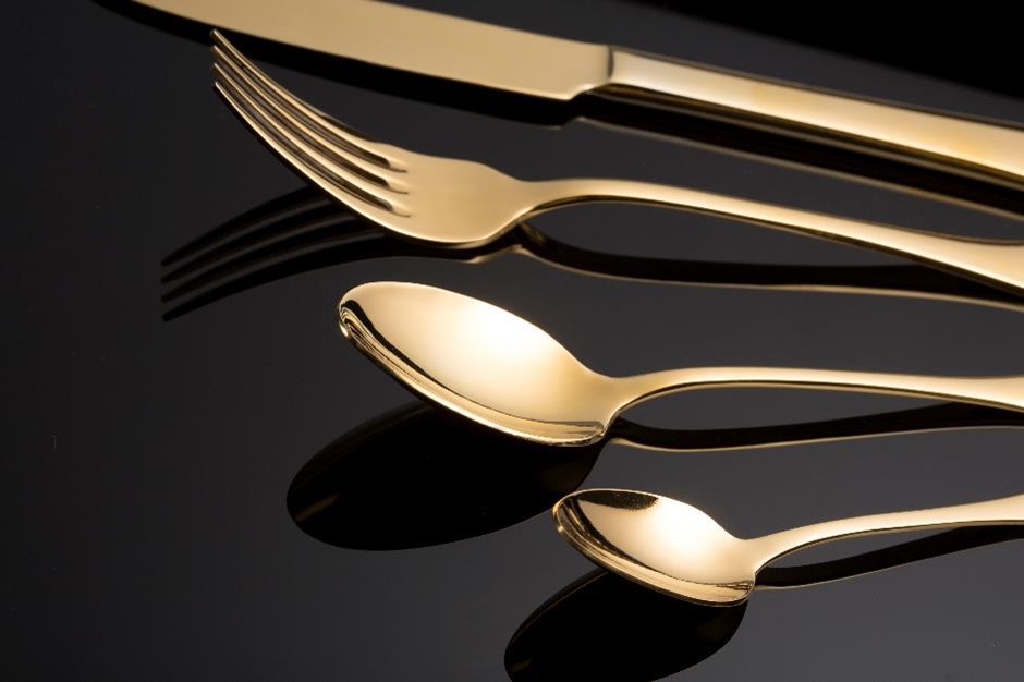 Gold plated cutlery, knife, fork, spoon and teaspoon