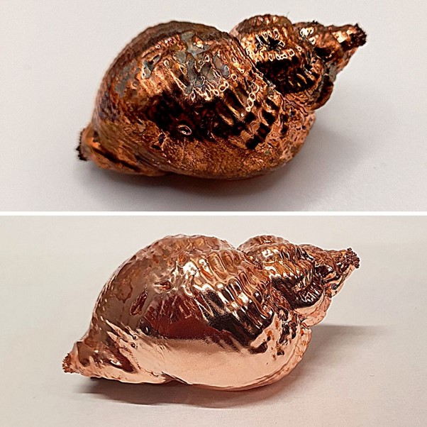 Electroformed copper plated shell with patina before and after