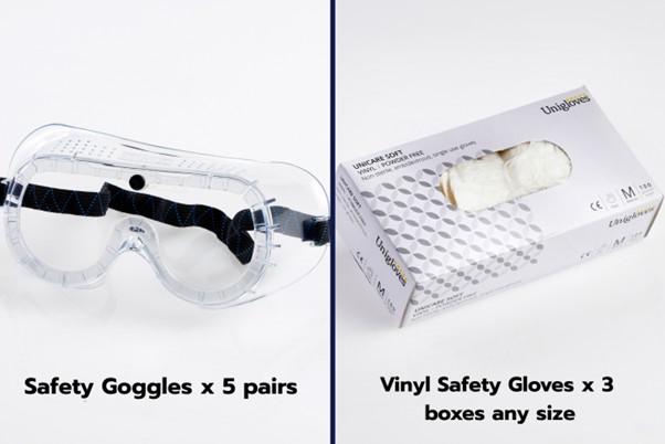 PPE Bumper Pack Safety Goggles and Vinyl Chemical-Resistant Gloves