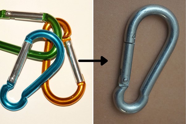 Anodised caribiner shown before and after use of anodise stripper