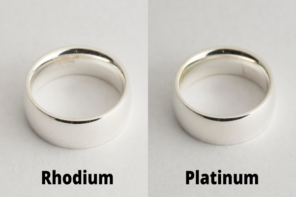 Wedding rings plated in platinum and rhodium solution side by side for comparison