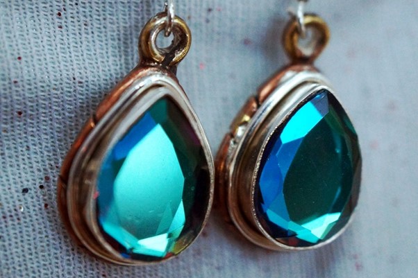 copper electroformed earrings with green glass stones