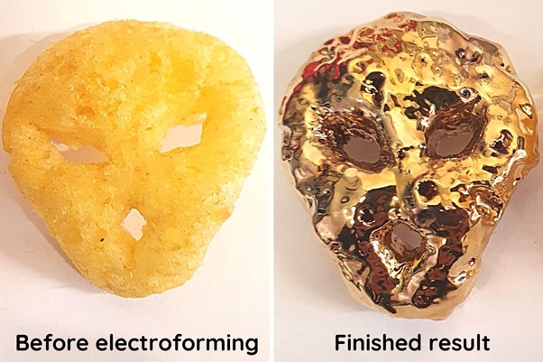 Gold plated objects showing electroforming before and after