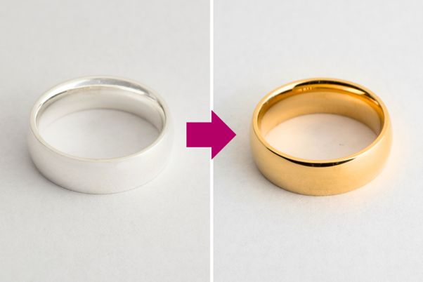 silver ring shown before and after vermeil plating in 24k gold