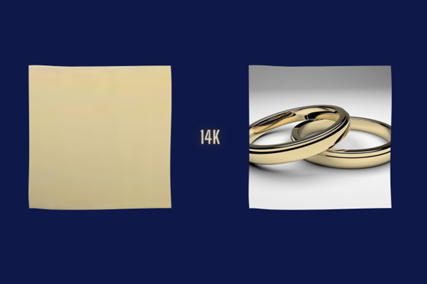14k gold plated colour swatch shown next to a 14k gold plated wedding band
