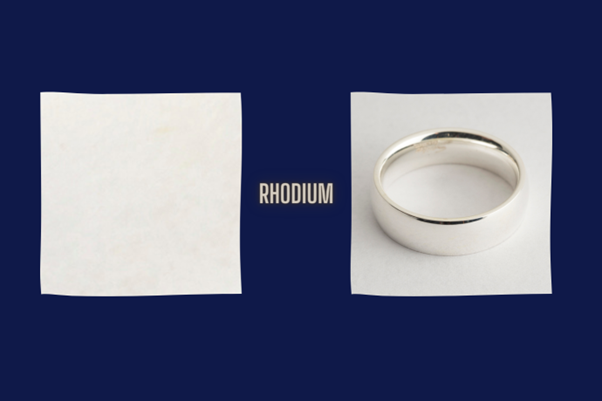 rhodium plated colour swatch shown next to a rhodium plated wedding band