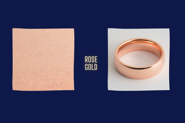 18k rose gold plated colour swatch shown next to a 18k rose gold plated wedding band